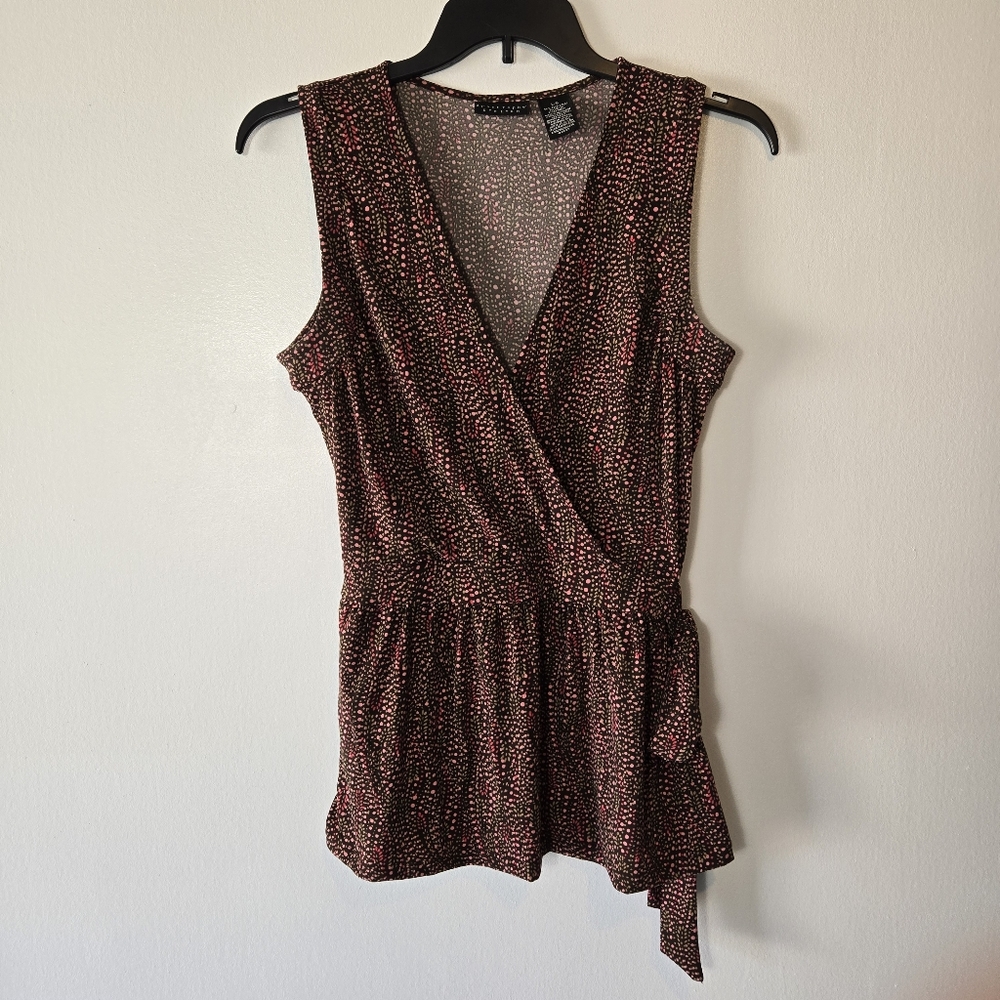 Y2K Apostrophie Stretch Faux Wrap Tie Waist Babydoll Peplum Tank Top Size Large